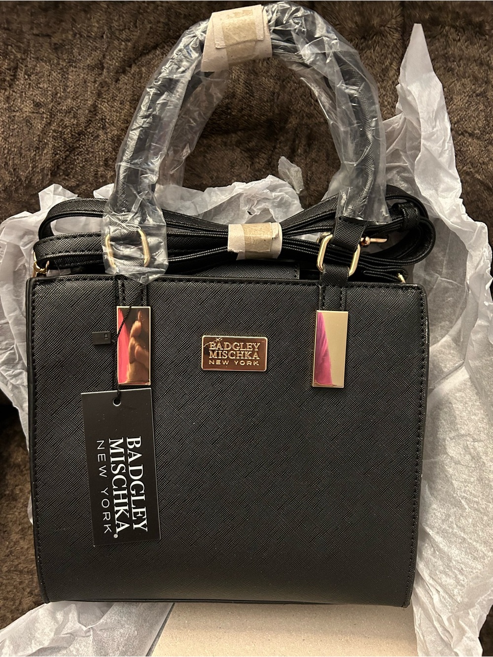 Badgley Mischka Black Structured Satchel with Gold Accents